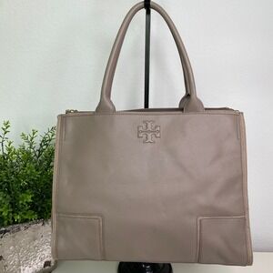 Tory Burch Ella Tote Bag Purse Handbag Leather Satchel Taupe Neutral Work Travel